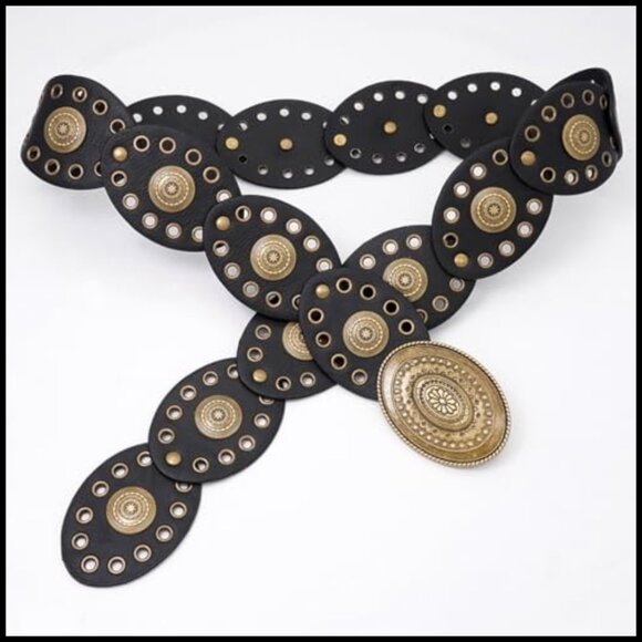 Wide Leather Concho Belt Boho Western Disc Link Adjustable Vintage Cowboy Style main image 6